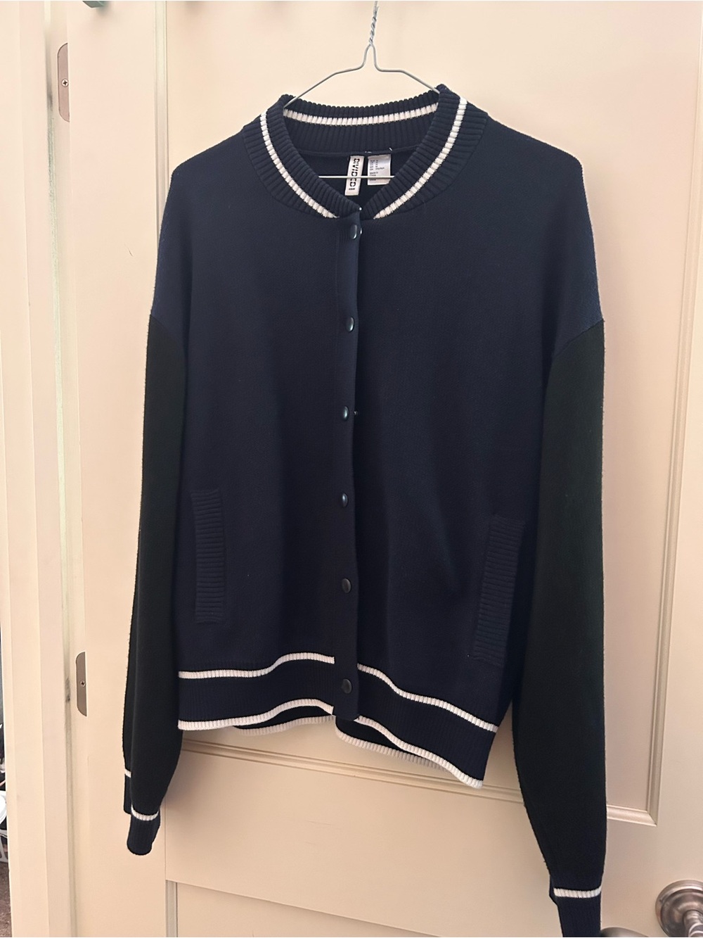 H&M Navy and White Ribbed Collar Cardigan